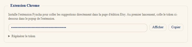 Section Extension Chrome dans les paramètres de Fyncha — token masqué avec boutons Afficher et Copier.